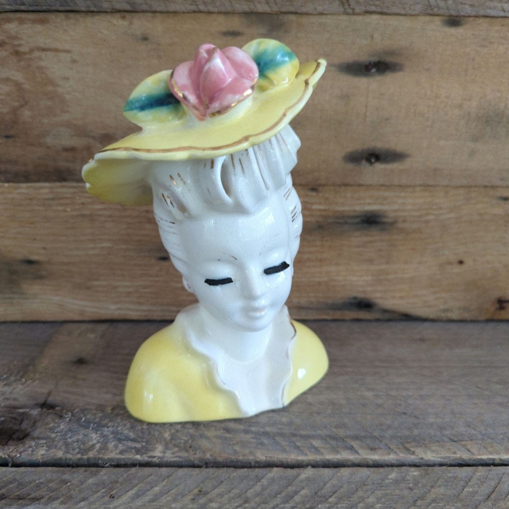 Vintage 6 1/8" Lady Head Vase Yellow Dress and Hat Pink Rose Bumper Bangs